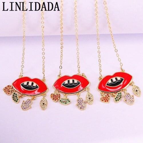 8Pcs 2019 New Fashion Colorful CZ Eye Heart Lip Hand Tassel Drop Enamel Lip Pendant Necklace