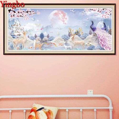 Yingbo 5d Diamond Painting Animal deer peacock Handmade Gift Embroidery Cross Stitch Peach blossom scenery Mosaic Decoration
