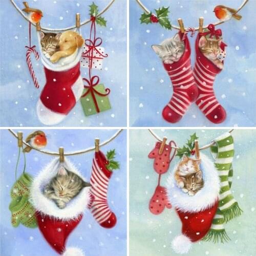 Huacan 5D Diamond Painting New Arrivals Cat Diamond Embroidery Mosaic Animals Christmas Socks Needlework Home Decoration