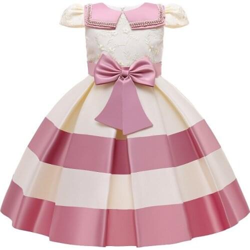Childrens dress skirt princess dress girls big bow tie lapel beaded first birthday short-sleeved dress ball gown for children