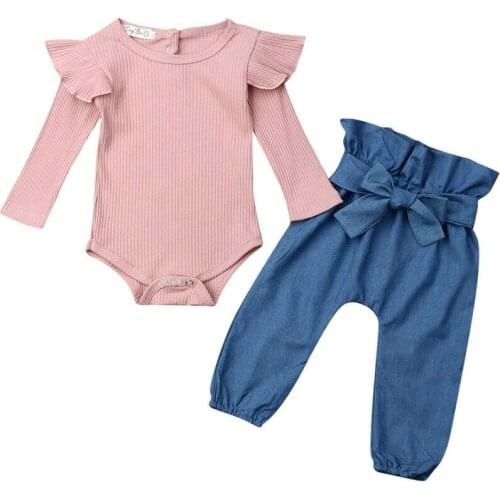 Newborn 2PCs Baby Girls Bodysuit Romper Long Pants Leggings Outfit Clothes Solid Romper Bow Pants Trousers Trousers