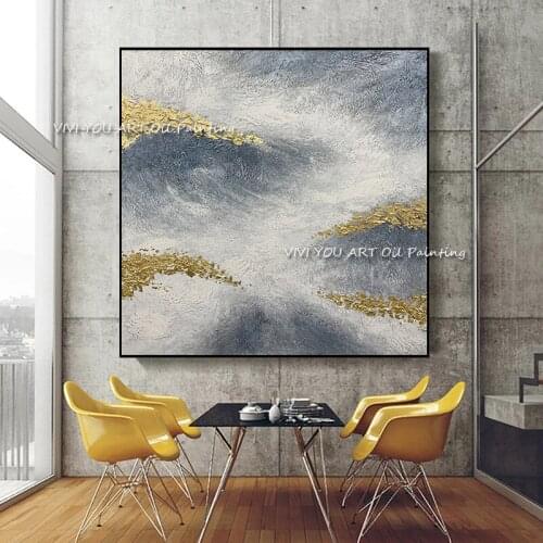 The Best Foil Golden Modern Oil Painting on Canvas100% Handpainted Wall Art Abstract Art Gray Blue Picture for Living Room Decor