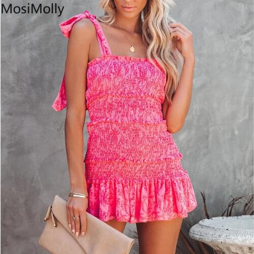 MosiMolly 2021 Floral Dress Women Bow Ruffle Shirred Dress Boho Beach Dress Mini Dress