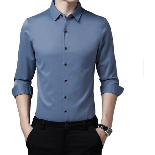 BROWON Autumn Shirts for Men Long Sleeve Shirt Solid Color Anti-wrinkle Wedding Shirt Men Turn-down Collar Business Shirts