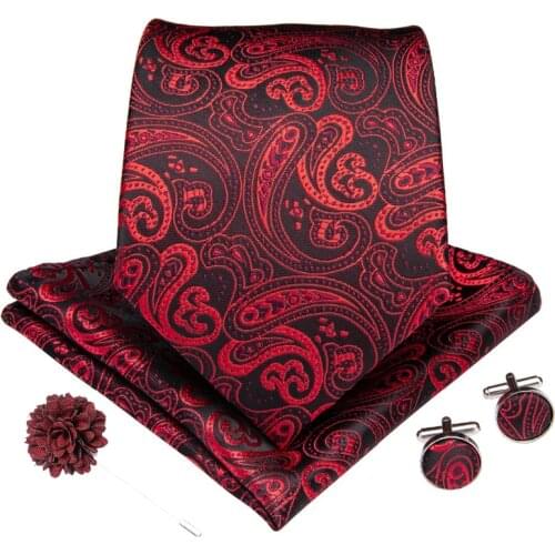 Men Tie Red Paisley Silk Weding Tie For Men Hanky Cufflink boutonniere Necktie Set Business Party DiBanGu New Designer XH102-314