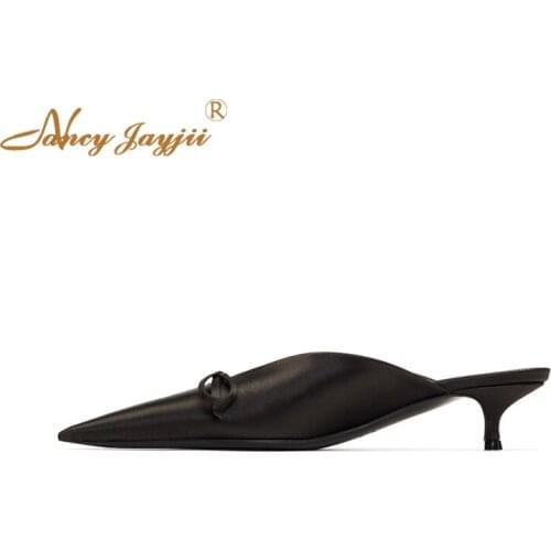 Nancyjayjii Black Fashion Leather 2019 Summer Pointed Newly Style Womens Med Thin Stiletto Heels Slippers Outdoor Dress Shoes 39