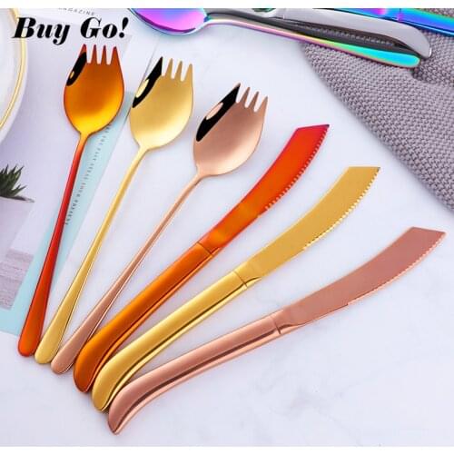 New Designed Mirror Polished Stainless Steel Long Handle Dinnerware Steak Knife Gold Dinner Fork Salad Fruit Dessert Spoon Set
