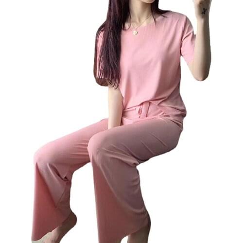 Summer Women Pajamas Set Red Brown Leopard Print Sleepwear Female Short Sleeve Leisure Home Ice Silk Elastic Pants Nightwear