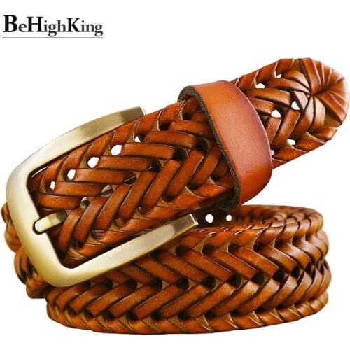 Genuine leather braided belt man Fashion men belts luxury waist strap male Quality second layer cow skin girdle for jeans Brown