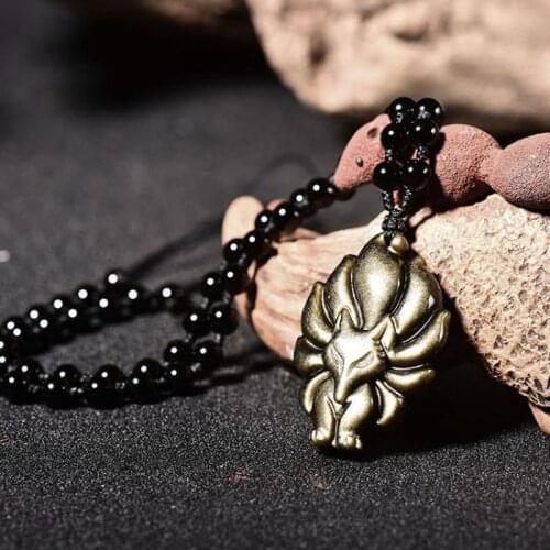 Natural Stone Gold Obsidian Nine-Tailed Fox Pendant Necklace Animal Fox Fairy Men Women New Jewelry Pendant With Lucky Chian