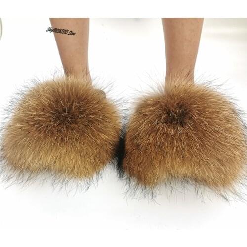 Summer Fluffy Fur Slippers Women Shoes Raccoon Fur Slides Real Fox Fur Flip Flop Casual Female Plush Slides Flat Outdoor Sandals