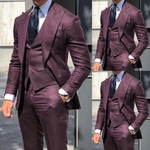 Dark Wine Red Slim Fit Suits For Mens Suits Wedding Groom Peak Lapel Tuxedos Business Dinner 3 PCS Blazer & Vest & Pants