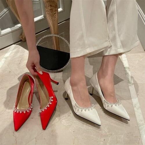 New sexy silk womens wedding shoes rhinestone pearl high heels pointed white red party dress luxury stiletto single shoes