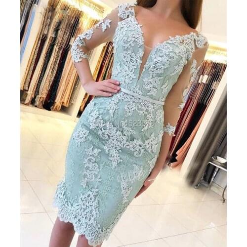 YNQNFS MD94 Party Cocktail Gowns V Neck Sheer Cap Sleeves Short Mother of the Bride Lace Dresses Aqua Green 2019
