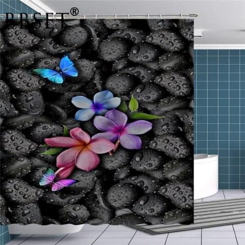 Butterfly Shower Curtain Butterflies and Flowers on Black Stones Pattern Waterproof Multi-size Douchegordijn Bathroom Decor