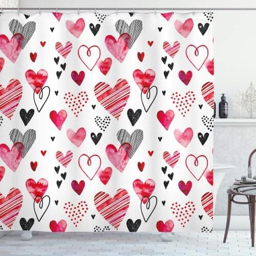 Valentine Shower Curtain Different Types of Heart Shapes Romance Love Theme Watercolor Striped Art Bathroom Decor Set with Hooks