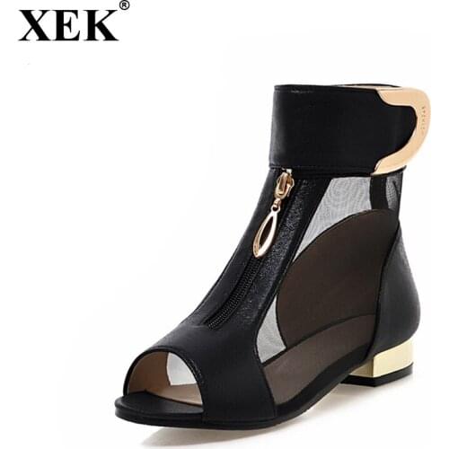 XEK 2018 Summer New Elegant Brand Mesh Sandals Metal Decoration Peep Toe Casual Shoes Woman Low Heels Size 34-39 Footwear WFQ68