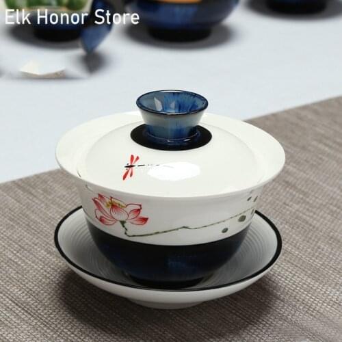 140ml Handpainted Lotus Ceramic Gaiwan Chinese Teaset Tea Bowl Tureen Creative Tea Cup And Saucer Household Porcelain Tableware