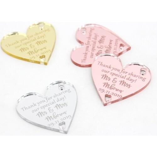 24 x of Personalized Laser Engraving And Cutting Heart-Shaped Labels, Gold / Silver Mirror Labels Wedding Party Table Decoration