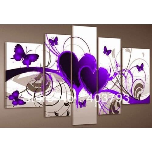 Framed hand-painted purple heart love butterfly 5pcs group painting/Free shipping Wall Art Free shipping