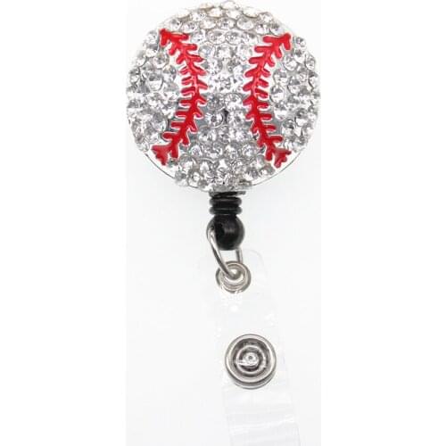 50pcs/ 35mm Baseball ID Badge Holder / Reel Clear Rhinestone Crystal And Red Enamel Nurse Retractable ID Name Badge Reel Holder