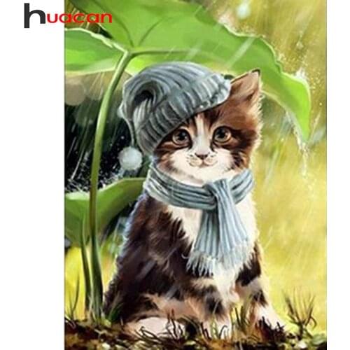 Huacan 5d Diy Diamond Painting Cat Cartoon Wall Stickers Diamond Mosaic Embroidery Animal Flower Crystal Home Decor