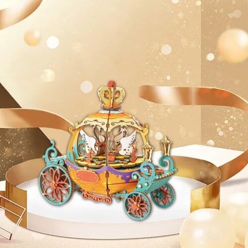 Wooden Puzzle Pumpkin Carriage Model Music Box Colorful Toys for Kids Adults