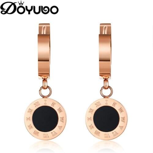 DOYUBO Antique Womens Rose Gold Roman Digital Earrings Drop High Quality Stainless Steel Black Enamel Earrings Jewelry DB197