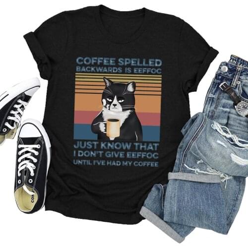 Coffee Spelled Cat Coffee Graph Print Short-Sleeved T-Shirt Summer Women Fashion Cotton Comfortable Harajuku Loose Tshirt Tops