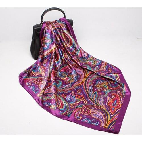 FXAASS Bandana Women Hijab Square Fashion Ladies Retro Luxury Silk Scarf Shawls Flowers image Print 90*90cm Large Cape Headscarf