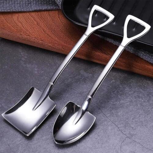 Creative Stainless Steel Shovel Spoon Coffee Ice Cream Dessert Spoon Engineering Shovel Retro Square Head Spoon Kitchen Bar Tool