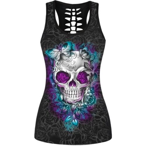 Skull Head Pattern Sleeveless Shirt Womens Yoga Top Gym Tank Tops camisole femme colete feminino Crop Top Sport Hollow Out