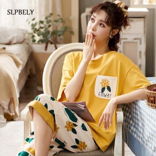 SLPBELY Fashion Flower Women Pajamas Set Summer Cartoon Printed Sleepwear Womens Short-sleeved Outside Home Suit Nightwear New