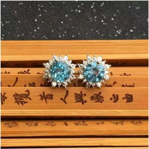 Natural Blue topaz earring Free shipping Natural real Blue topaz 925 sterling silver 6mm