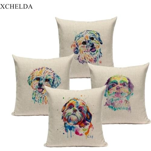 Cushion Cover Shih Tzu Decorative 45*45 40*40 Linen Dog Animal Throw Pillow Case for Sofa Car Seat Pillowcase Home Decor