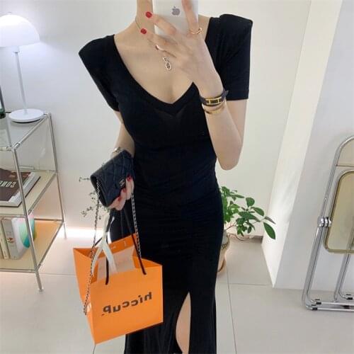 Pure color white summer womens skirt V-neck side folds Korean style design Slim long dress 2021