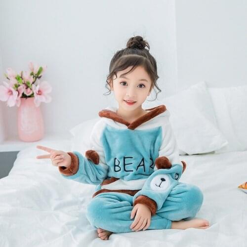 Autumn Winter Childrens Flannel Pajamas Set Soft Girls Home Service Suit Cute Girl Jammies Coral Fleece Two-piece Pyjamas 2-12Y