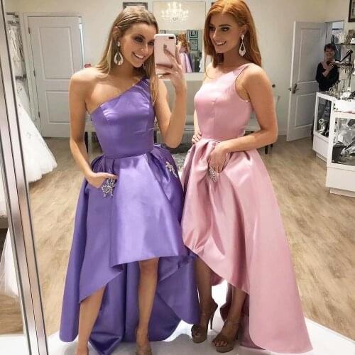 YiMinpwp High Low Bridesmaid Dresses One Shoulder Pockets Crystal Beads Hi-Lo Garden Country Wedding Guest Gowns Maid of Honor