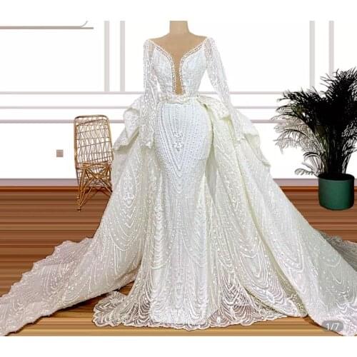 Luxury Lace Wedding Dresses for Women 2021 Bride Mermaid Dubai Long Sleeve Bead Detachable Train Bridal Wedding Gowns Plus Size