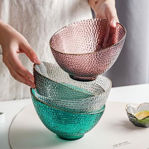 Nordic Golden Border Salad Bowl Transparent Glass Fruit Rice Meal Serving Bowls Soup Food Storage Container Decoration Tableware