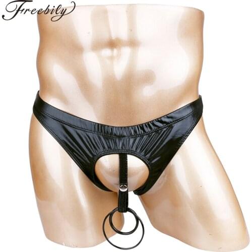Sexy Mens Underwear Briefs Brand Penis Hole O-Rings Patent Leather Panties For Men Gay Underpants Male Crotchless Latex Panties