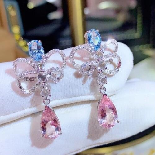 H104 Fine Jewelry Real Pure 18 K Gold AU750 Blue Aquamarine and Morganite 5.3ct Drop Earrings for Women Fine Earrings