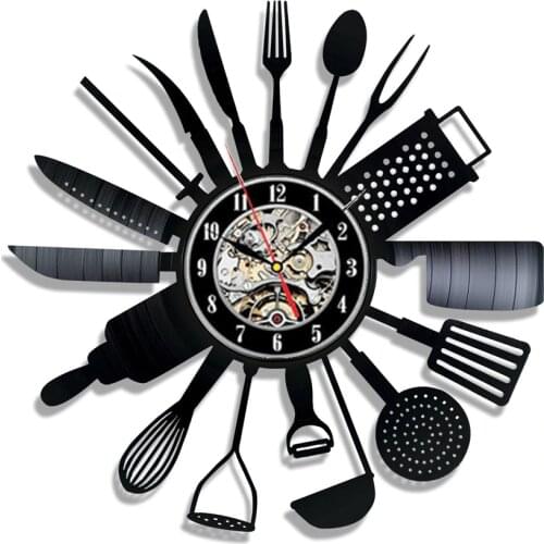Cutlery Vinyl Record Wall Clock Modern Design Spoon Fork Decorative Kitchen Vintage Vinyl Clock Wall Watch Home Decor Silent