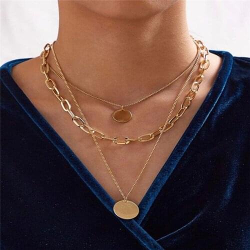 Vintage Multilayer Round Pendant Necklace for Women Circle Sequin Gold Color Link Chain Necklaces Fashion Jewelry Punk Gifts
