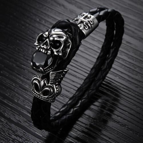 Vintage 7.09" Double Layers Black Leather Wrap Bracelet mens bracelets 2020 Vintage Skull Braided Wristband (with Gift Bag)