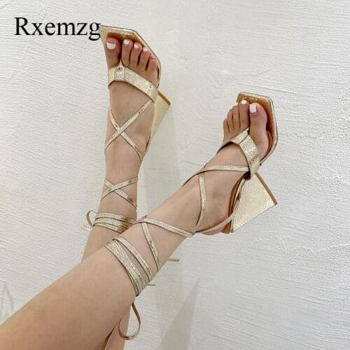Rxemzg Women Summer Fashion Flip Flops Ankle Strap Sandals Square Toe High Heels Strange Style Designer Women Sexy Party Sandals