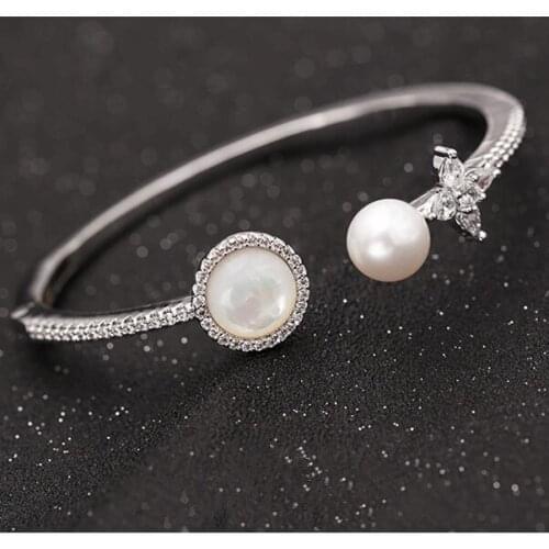 SWOUR New Fashion Jewelry White Gold Color Zirconia Four Leaf Flower Pearl Opening Cuff Bangle Bijoux For Women S489