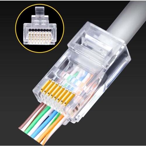 100Pcs RJ45 Connector Cat6 Cat6A Jack UTP Gold Plated Pass Through Ethernet Cables Network RJ-45 Plug Cat5 Cat5e STP Shielded