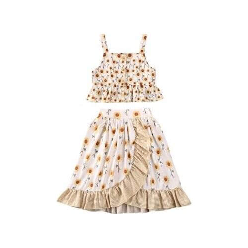 2020 Toddler Baby Girls Clothes Sets 1-6Y Ruffles Flowers Print Sleeveless Tops+Ankle Length Skirts Party Outfits