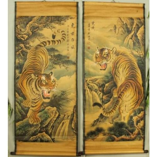 Antique painting traditional Chinese 2 Mountain tiger painting scroll painting,old paper painting